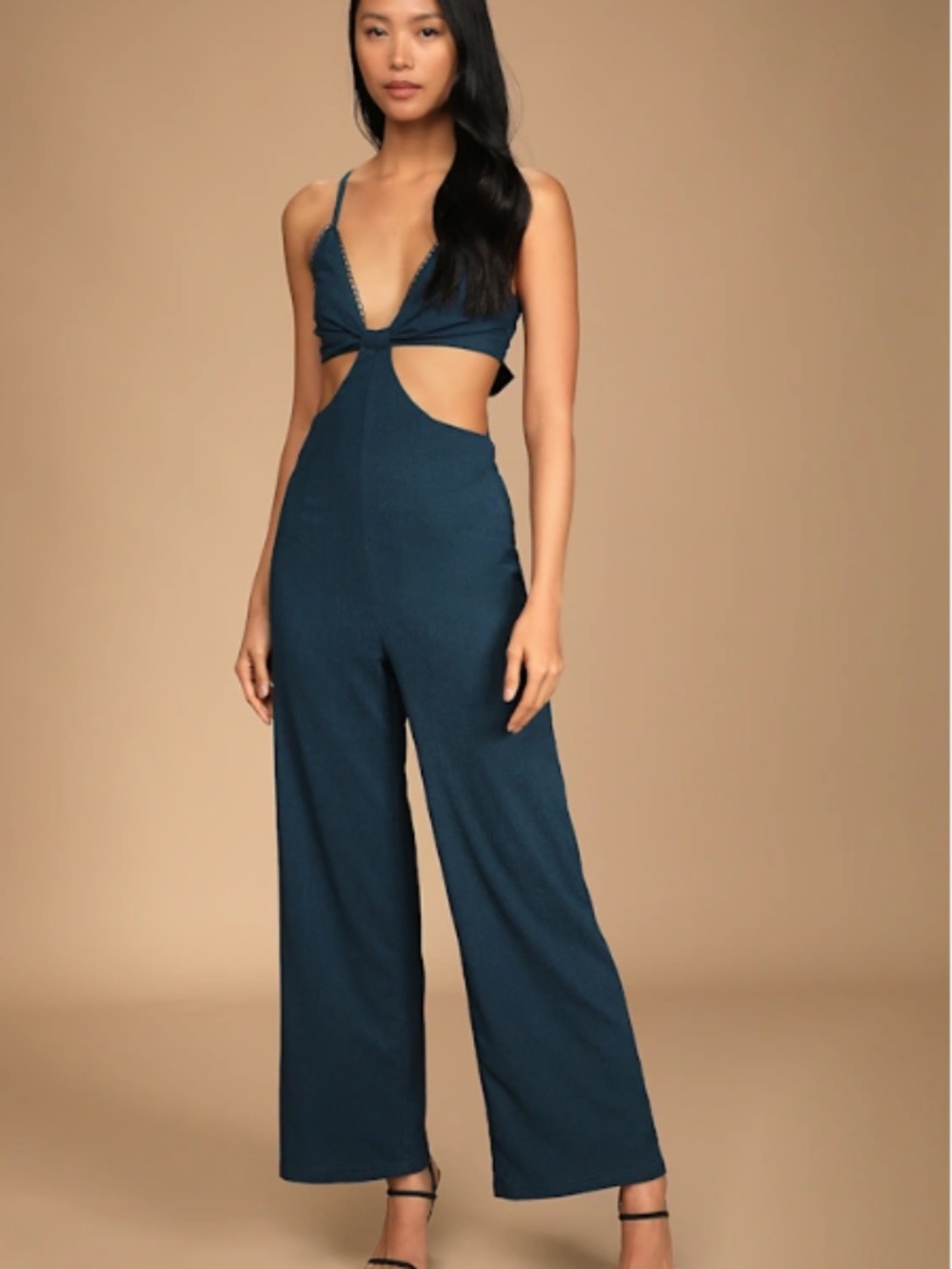 Lulu's Blissful Season Teal Tie-Back Cutout Wide-Leg Jumpsuit Size Medium